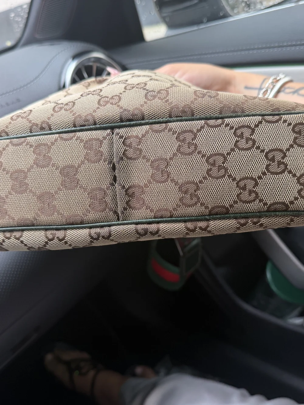 Beige Gucci Monogram Hobo Shoulder Bag with Green Trim